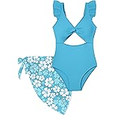 ADIRUN Girls One Piece Swimsuit Cut Out Ruffle Bathing Suit Twist V Neck Swimwear Solid Color with Cover Up Skirt 7-16T