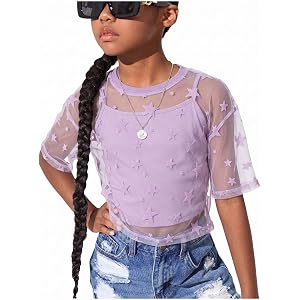 BEAUDRM Girl's 2 Piece Concert Outfits Star Mesh Crop Tops Kpop Outfits | Star Graphic, Crew Neck, Short Sleeve, Sheer Shirt