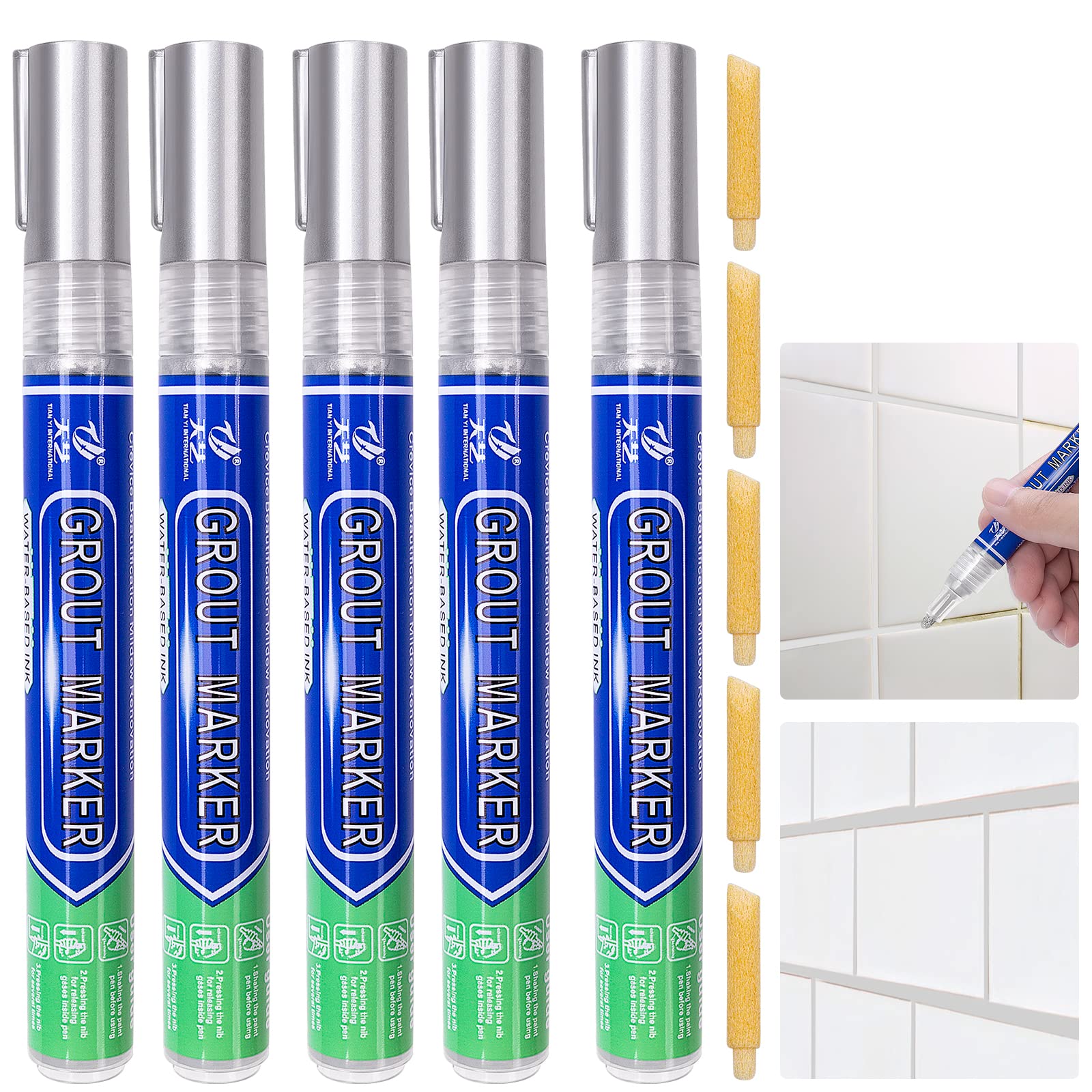 5 Pcs Tiles Grout Pen, Tile Grout Pen Silver Wall Repair Pens, Tile Grout Reviver Pens for Tile Grout Wall Floor Bathrooms and Kitchen Restoring Grout Joints