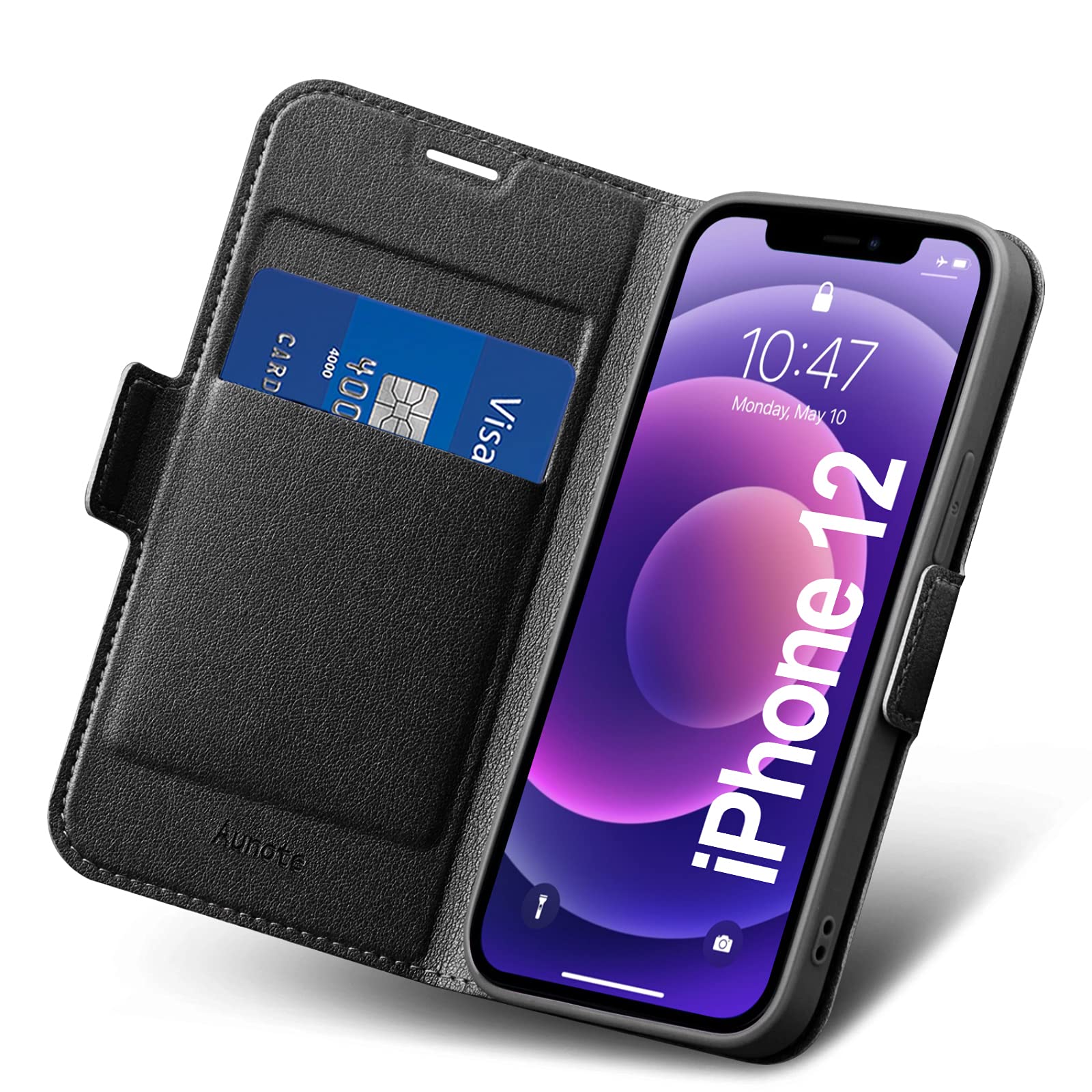 Aunote iPhone 12 Case Wallet, iPhone 12 Flip Case with Card Slot, Magnetic Closure and Kickstand, Ultra Slim Flip Cover, PU Leather and Soft TPU Full Protection for iPhone 12, Black