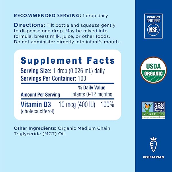 MOMMY’S BLISS ORGANIC BABY VITAMIN D DROPS | PROMOTES HEALTHY GROWTH AND BONE DEVELOPMENT | AGE NEWBORN+ | 0.11 FL OZ (100 SERVINGS)