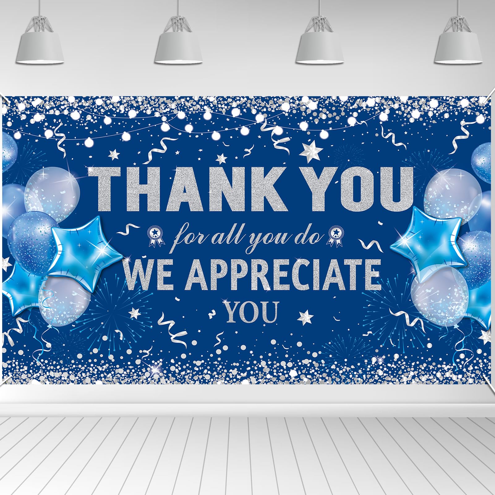 Photo 1 of HOWAF Thank You for All You Do Party Decoration, Employee Appreciation Banner for Staff Teachers Doctors, We Appreciate You Backdrop, Blue and Silver, 72.8" x 43.3"