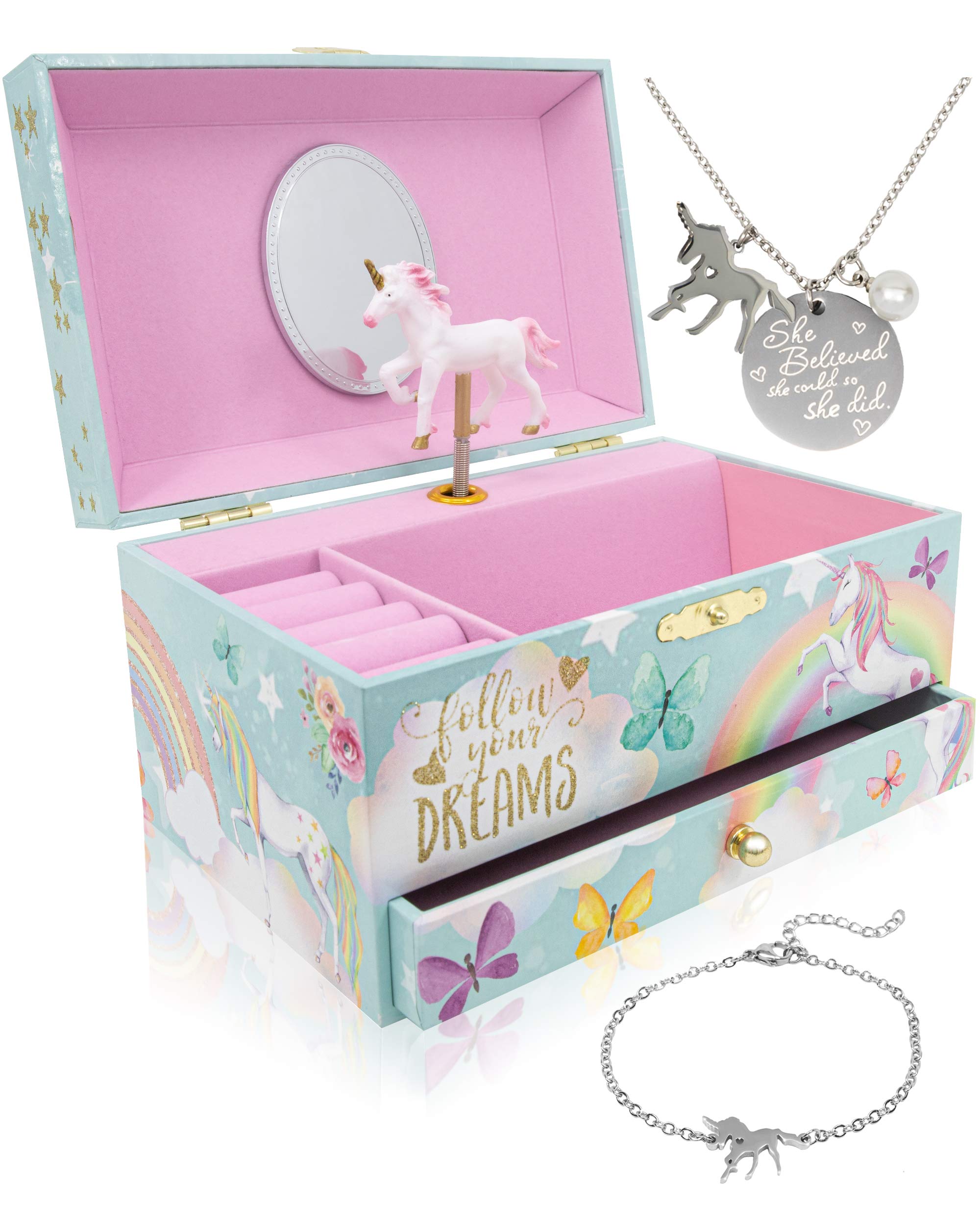 The Memory Building Company Unicorn Music Box & Little Girls Jewelry Set - 3 Unicorn Gifts for Girls