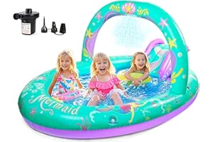 SULIFEEL Mermaid Inflatable Play Center Kiddie Pool with Slide and Sprinkler for Children, 96''x59''x39'' Baby Pool for Backyard and Garden, Free Inflatable Pump