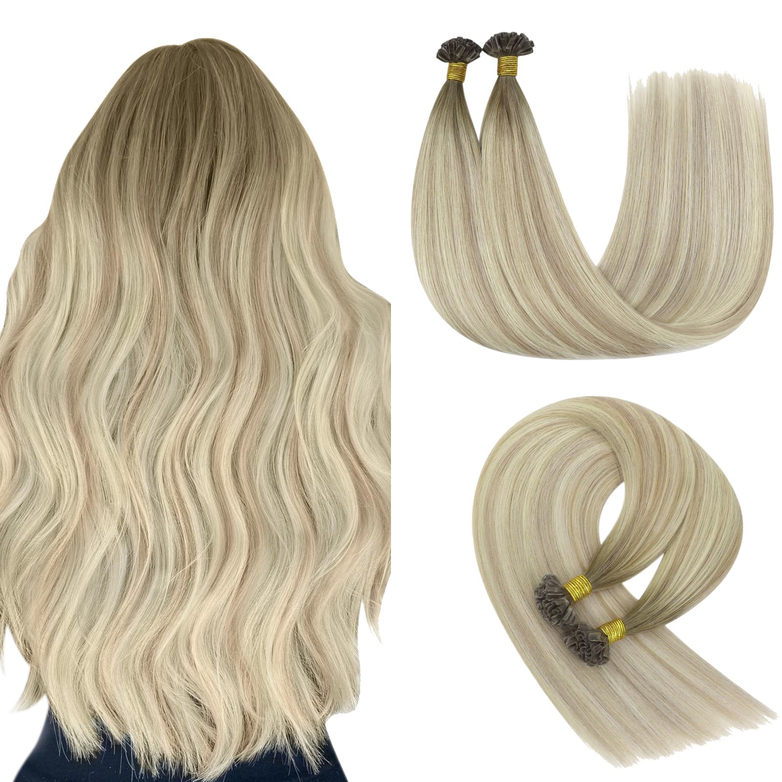 YoungSee U Tip Hair Extensions Human Hair Ash Blonde with Platinum Blonde Balayage Utip Real Hair for Women Keratin Hair Extensions Natural Human Hair 20In 1G/S 50G — image 1
