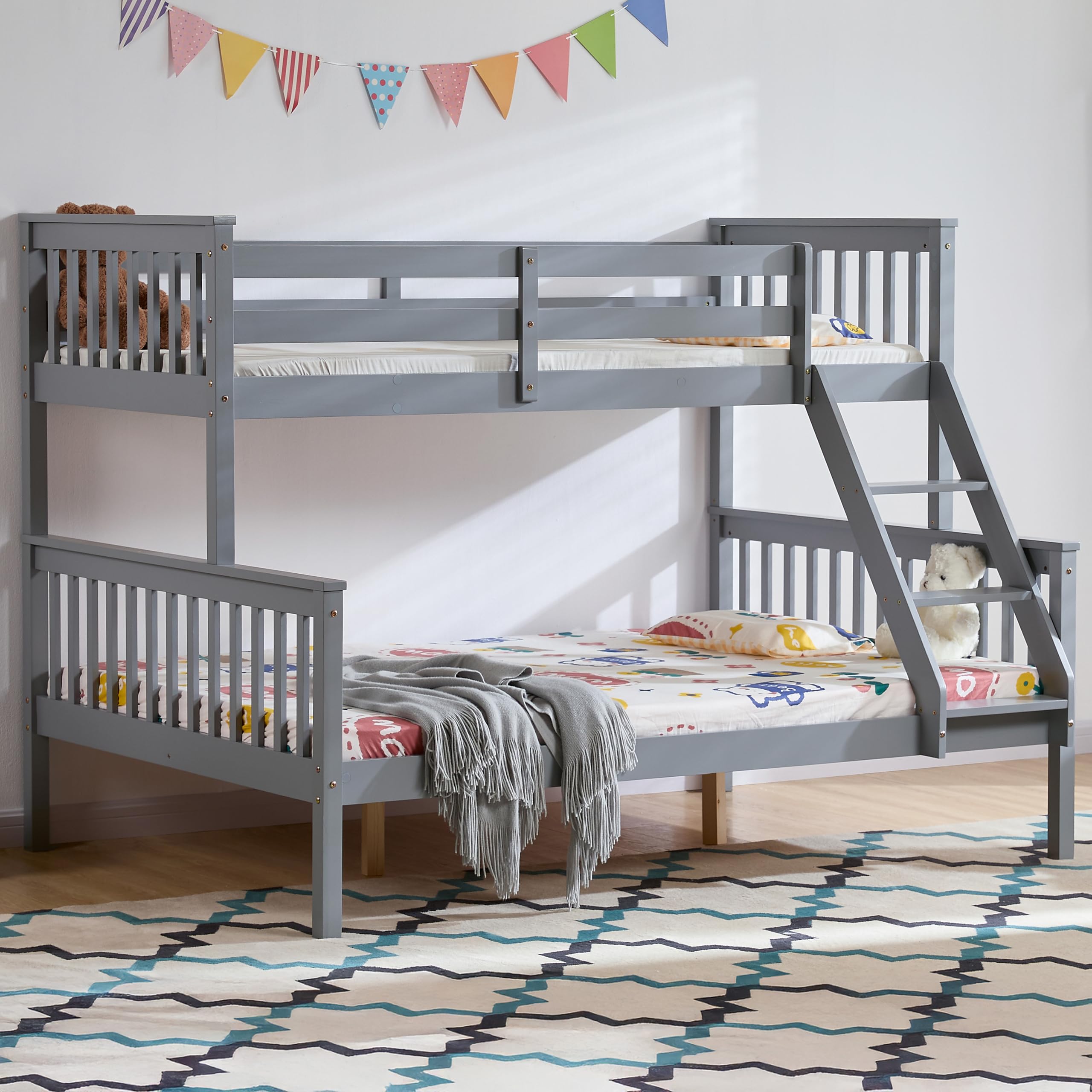 Vida Designs Milan Triple Bunk Bed, Three Sleeper, Solid Pine Wood Frame, Kids Children, Double 4 Foot 6, Single 3 Foot, Grey