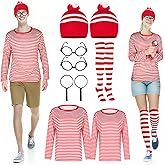 MJOGGOTT 9 Pcs Funny Halloween Couples Costumes including Men Women's Halloween Costumes Sweatshirt Red and White Striped Shirt Glasses Hat Sock Magnifier for Couple Halloween Cosplay Party