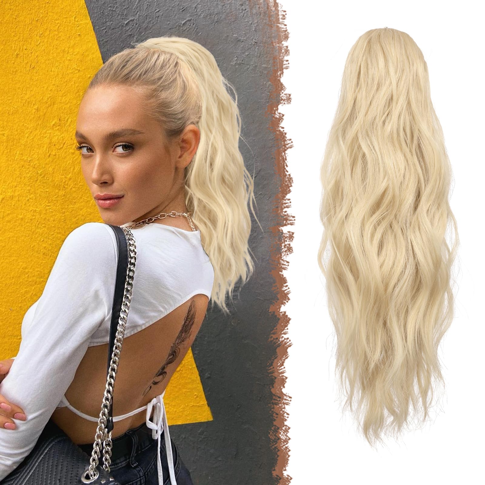 FESHFEN Ponytail Extensions, Drawstring Ponytails Hair Extension Platinum Blonde Long Curly Wavy Hair Piece Synthetic Pony Tail Hairpieces for Women, 18 inch