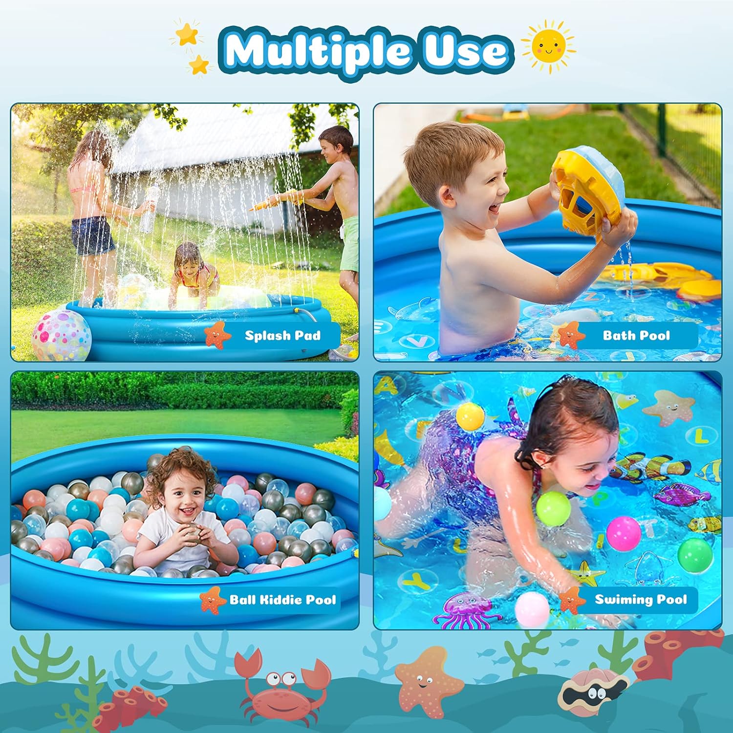 Coolkesi 3-in-1 Splash Pad, Premium Sprinkler for Kids Toddlers - 22% Thicker Durable PVC, 60" Inflatable Wading Swimming Kiddie Pool for Summer Yard, Fun Outdoor Water Toys Play Mat for Baby Learning: Toys & Games