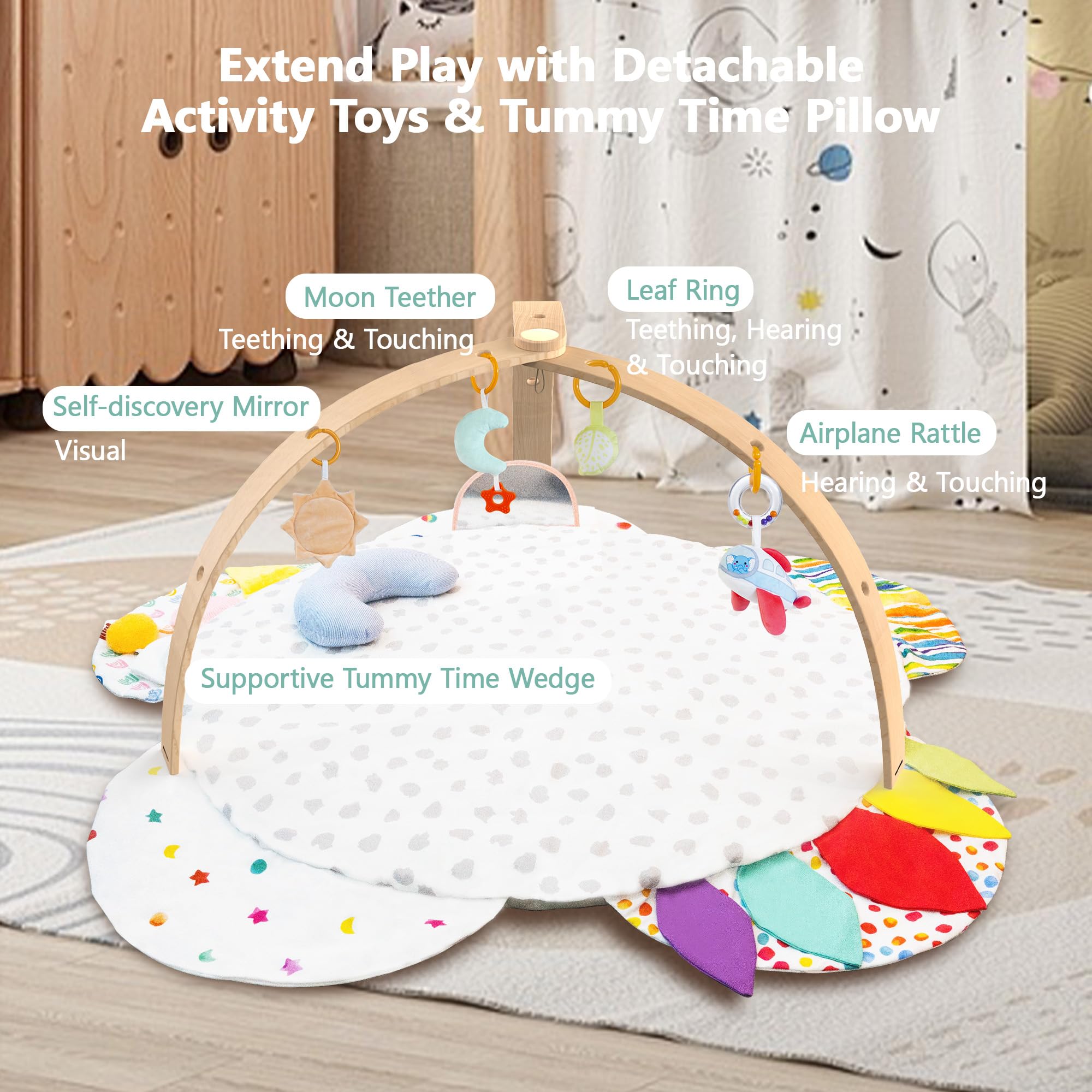 Baby Play Gym & Activity Mat | Stage-Based Developmental Activity Gym & Play Mat for Baby to Toddler, Wooden Tummy Time Mat with Detachable Sensory Toys, Baby Essentials Shower Gift | FSC-Certified