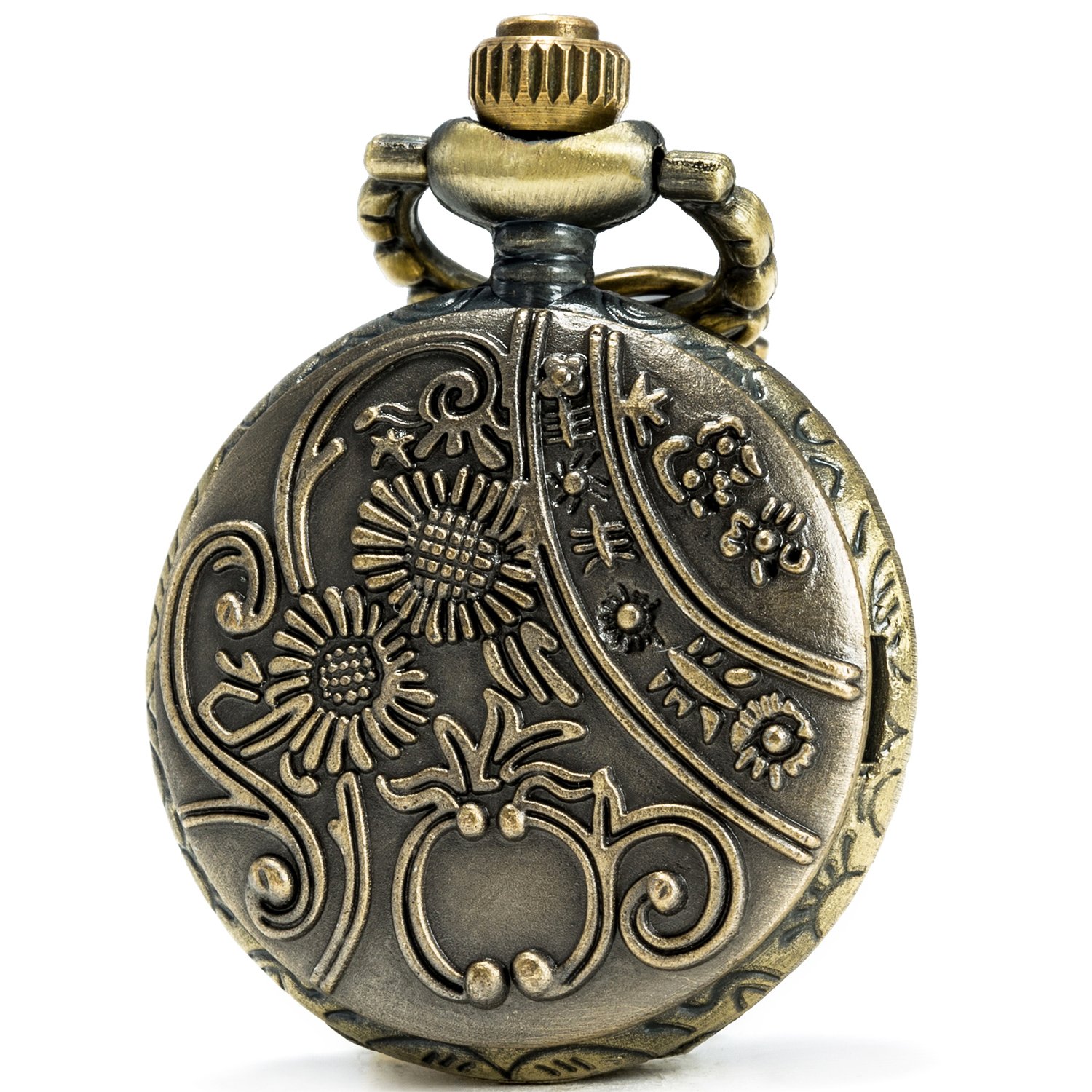 SEWOR Delicate Pandent Quartz Pocket Watch Green Flower Bronze Case