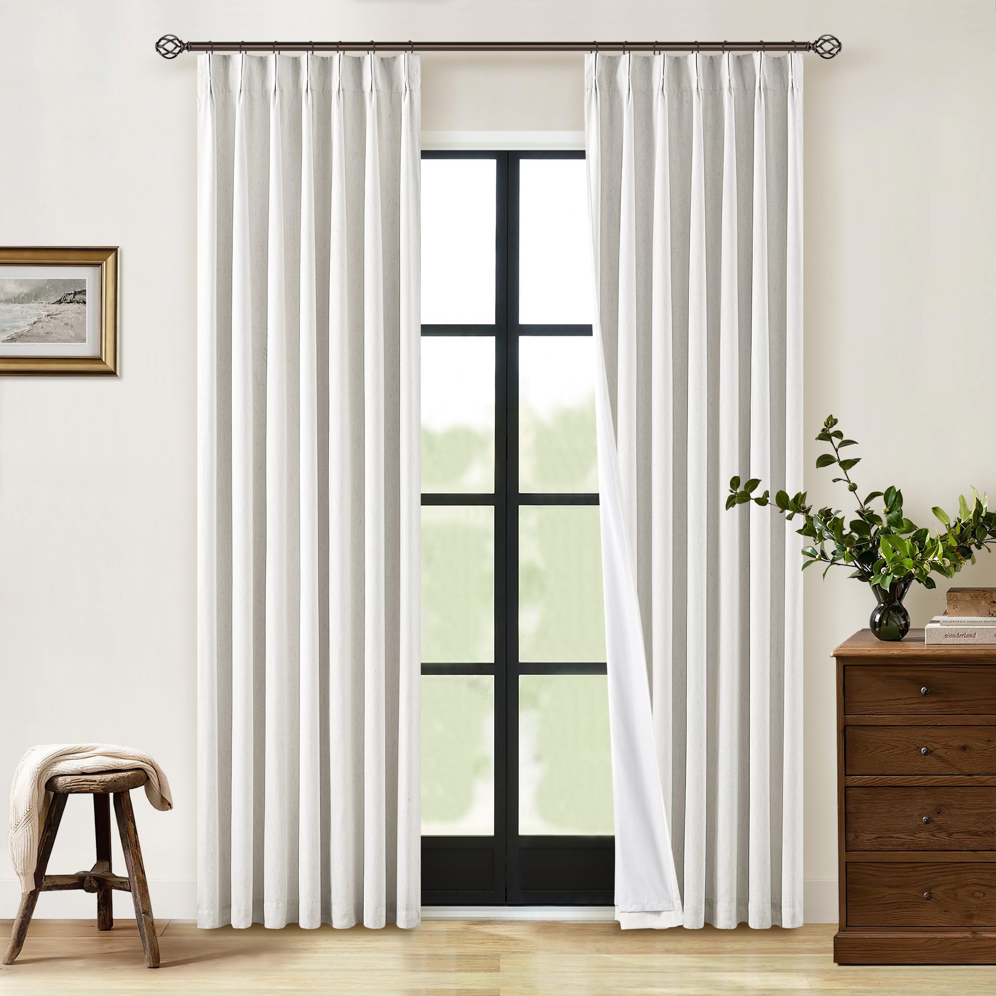 Photo 1 of Pinch Pleat 100% Blackout Curtains 86 Inch Length 2 Panels Set Flax Linen Beige White Cream Room Darkening Soundproof Curtains Drapes with Hooks Rings Back Tab for Bedroom Living Room Track System