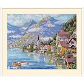 Merejka Counted Cross Stitch Kit Alpine Village K-192 Lakeside Mountain Town with Church Spire and Rowboats, Zweigart 16-Count Ecru Aida, 36 DMC Colors, Finished 39.5x32 cm (15.6x12.6 in)