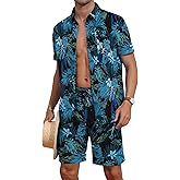 YTD Mens Flower Hawaiian 2 Piece Outfit Sets Short Sleeve Beach Casual Button Down Shirt and Shorts Suits