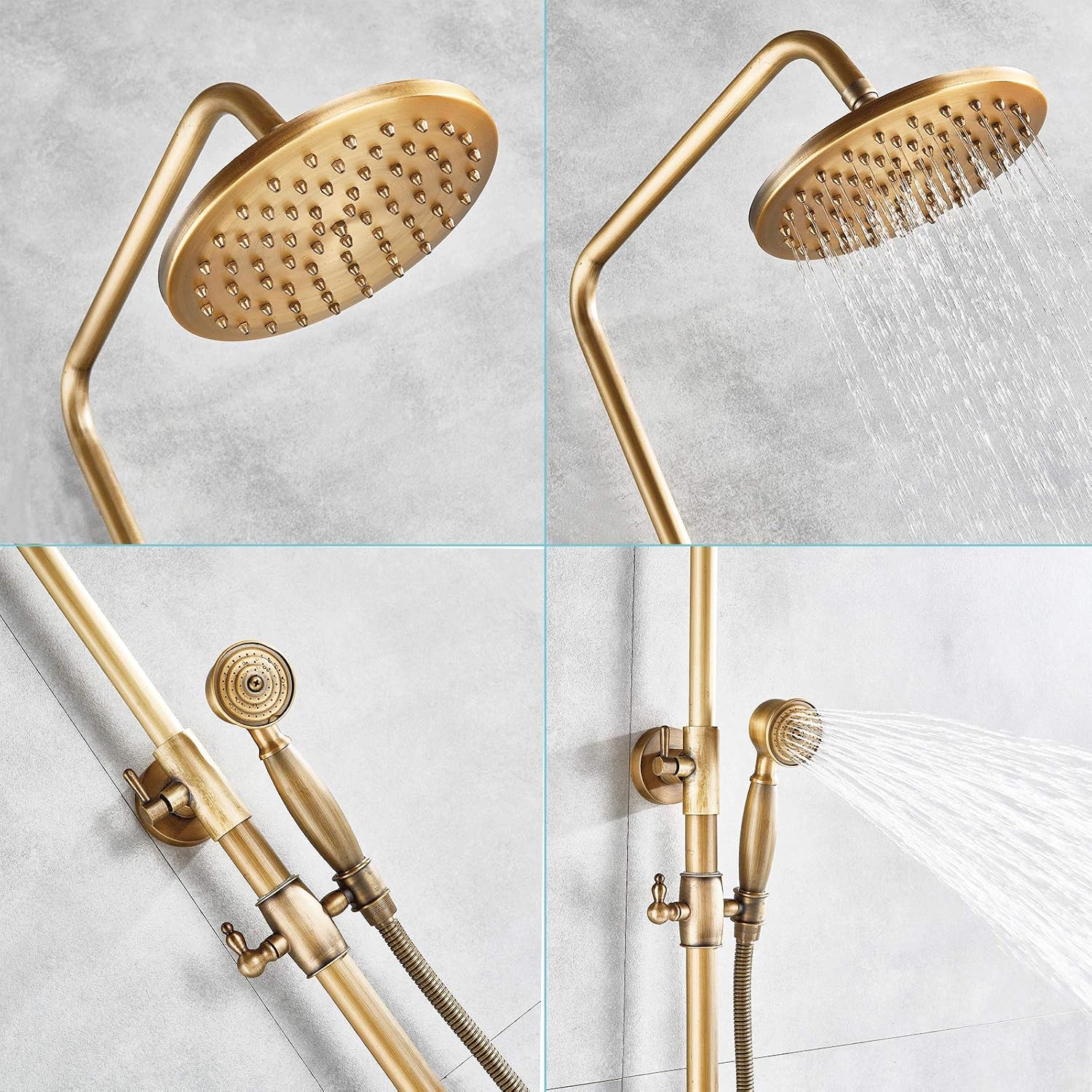 Rozin Antique Brass Shower System with 8 Inch Rain Shower Head and Hand Shower Single Handle Ready Wall Mounted Retro Shower Set - Image 4