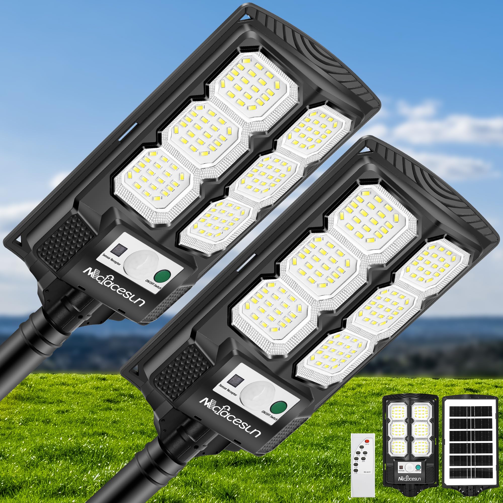 Photo 1 of Mcfacesun Solar Lights Outdoor 400W -6500K Solar Street Light, IP66 Waterproof Outdoor Flood Lights with Motion Sensor & Dusk to Dawn, led solared Street Light Easy Installation, Pack of 2
