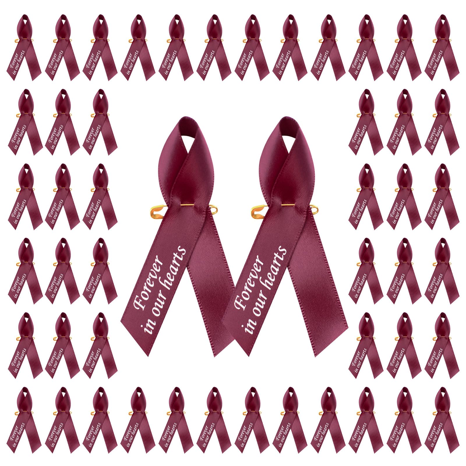 WANDIC 100pcs Burgundy Ribbon Pins Multiple Myeloma Awareness Badges Sickle Cell Anemia Brooch Memorial Ribbon Badges in Forever in Our Hearts for Funeral Mourning Event Bereavement Remembrance