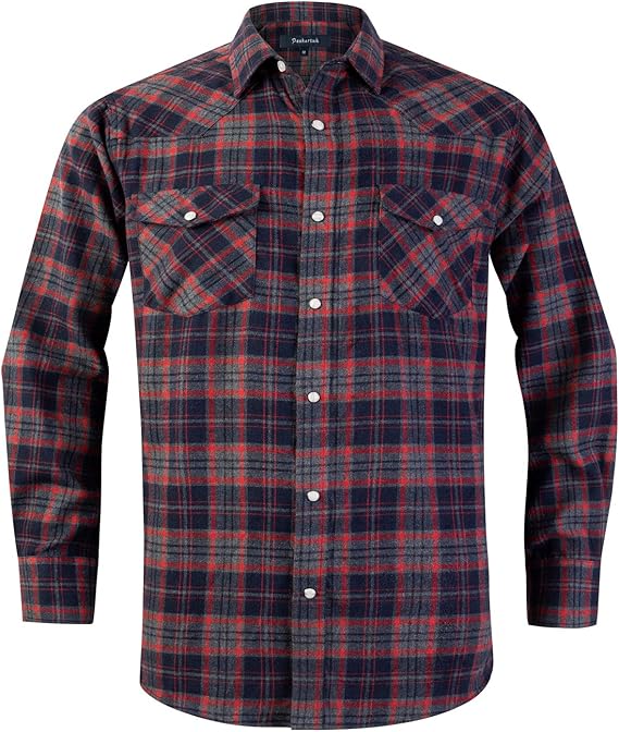 Snap Buttons Flannel Shirts for Men Regular Fit Mens Long Sleeve Shirt
