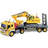 Maxx Action 17’’ Vehicle Transport with Excavator – Bright Lights and Construction Sounds | Friction Powered Trailer | 3 Piece Toy Playset for Kids | Yellow Construction Truck for Kids