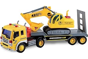 SUNNY DAYS ENTERTAINMENT Long Haul Excavator Transport – Lights and Sounds Pull Back Toy Vehicle with Friction Motor | Realistic Construction Truck and Trailer for Kids – Maxx Action