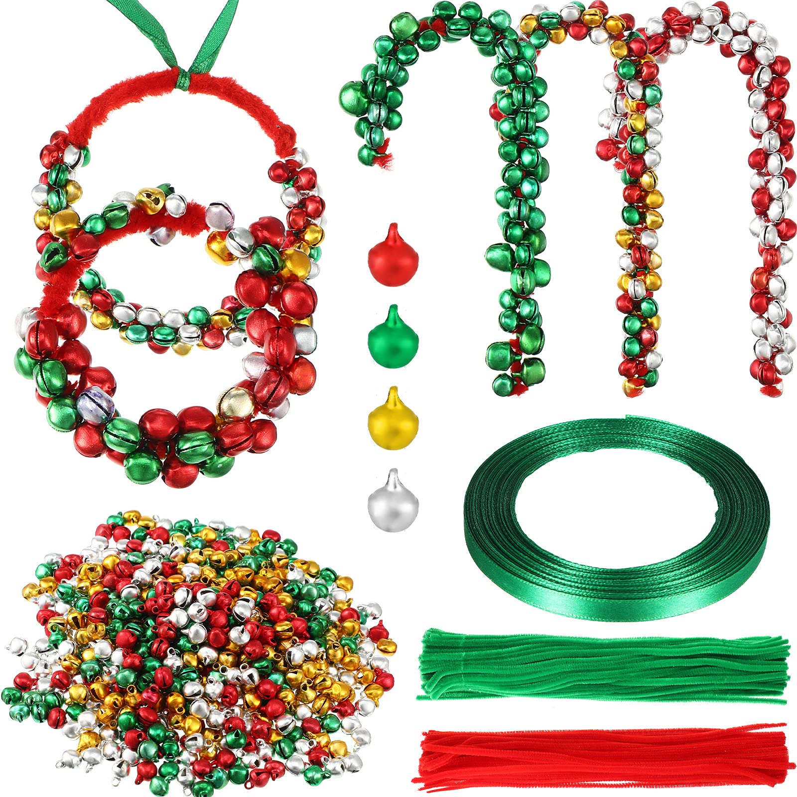Photo 1 of 1000 Pieces Christmas Jingle Bells for Craft Small Christmas Bell Colored Jingle Bell Christmas Tree Decor Bells with 50 Pieces Chenille Stems Cleaners 25 Yards Green Ribbons for Christmas Decor 6mm