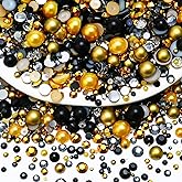 Towenm 60g Mix Flatback Pearls and Rhinestone, 2mm-10mm Mix Rhinestones and Pearls for Crafts Tumblers Shoes Nails Face Art, with Picker Pen, Black|Gold|Yellow