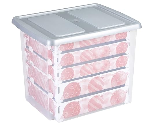 SUNWARE Nesta Weihnachtsbox - 45 L - flacher Deckel + Tabletts für 101 Kugeln - transparent / silber