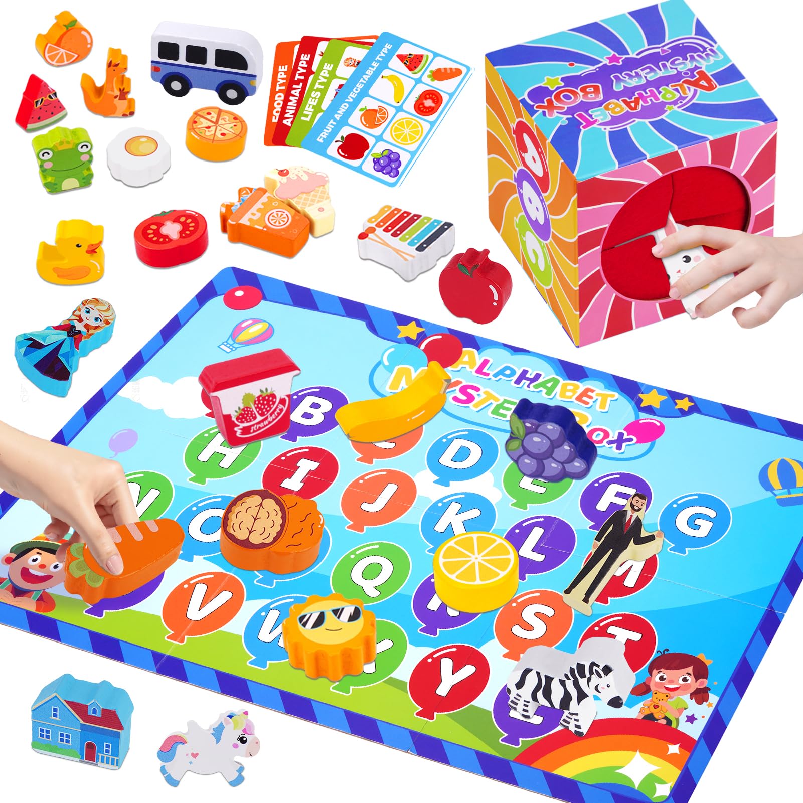 Montessori Educational Toys for 3 4 5 Year Old | Alphabet Mystery Box for Boys Girls Birthday Gifts - 26 Pcs Wooden Blocks Preschool Classroom Must Haves Fine Motor Skills