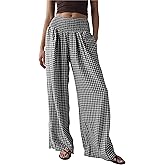 Qiaomai Women Casual Plaid Pants Elastic High Waist Wide Leg Lounge Pants Loose Trousers