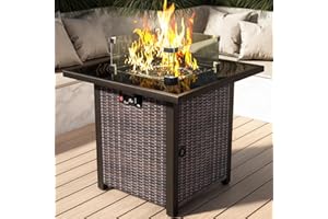 OLIMIX Propane Outdoor Fire Pit Table, 28" Rattan Square Fire Pit Table, Outdoor Gas FirePit W/Glass Wind Guard, Tempered Glass Tabletop, Lid, CSA Listed, 50,000 BTU, Outside Patio Deck & Garden, Brown