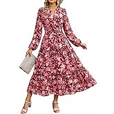 Women Long Sleeve Midi Dress, Boho Floral Casual Flowy A Line Dresses, Spring Elegant Classy Dress with Pocket