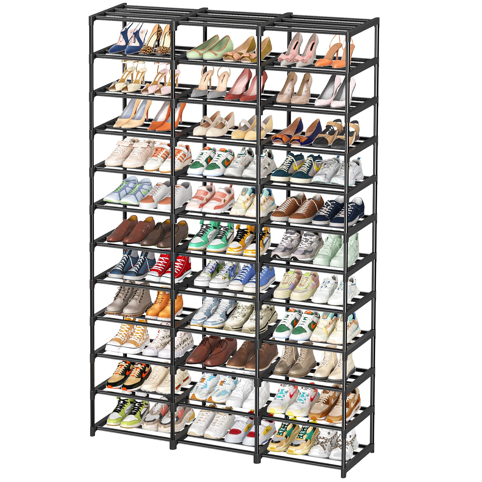 Photo 1 of Ekisemio Shoe Rack Large Capacity 72 Pairs Tall Shoe Shelf, 3 Row 12 Tiers Sturdy Metal Shoe Organizer for Entryway, Closet, Bedroom, Black