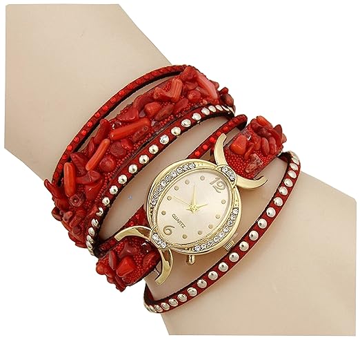 Aelo Red Bracelet Analogue Gold Dial Womens Watch - Www1049
