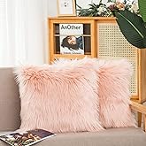 HYSEAS Set of 2 Decorative Faux Fur Throw Pillow Covers, Pale Pink Fluffy Soft Fuzzy Square Cushion Cover Pillow Case for Sofa, Couch, Chair, Bed, Cafe, 18 x 18 Inches