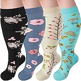 Tinojye 4 Pairs Plus Size Compression Socks,Extra Wide Calf 20-30 mmHg Knee High Compression Socks for Men Women Circulation