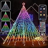 13.5FT Smart Christmas Tree Lights LED, Remote & App Control IP67 Waterproof Multiple Scene Modes Waterfall Lights with Pole, Sync Music Modes Christmas Decorations for Outdoor Xmas Party Wedding