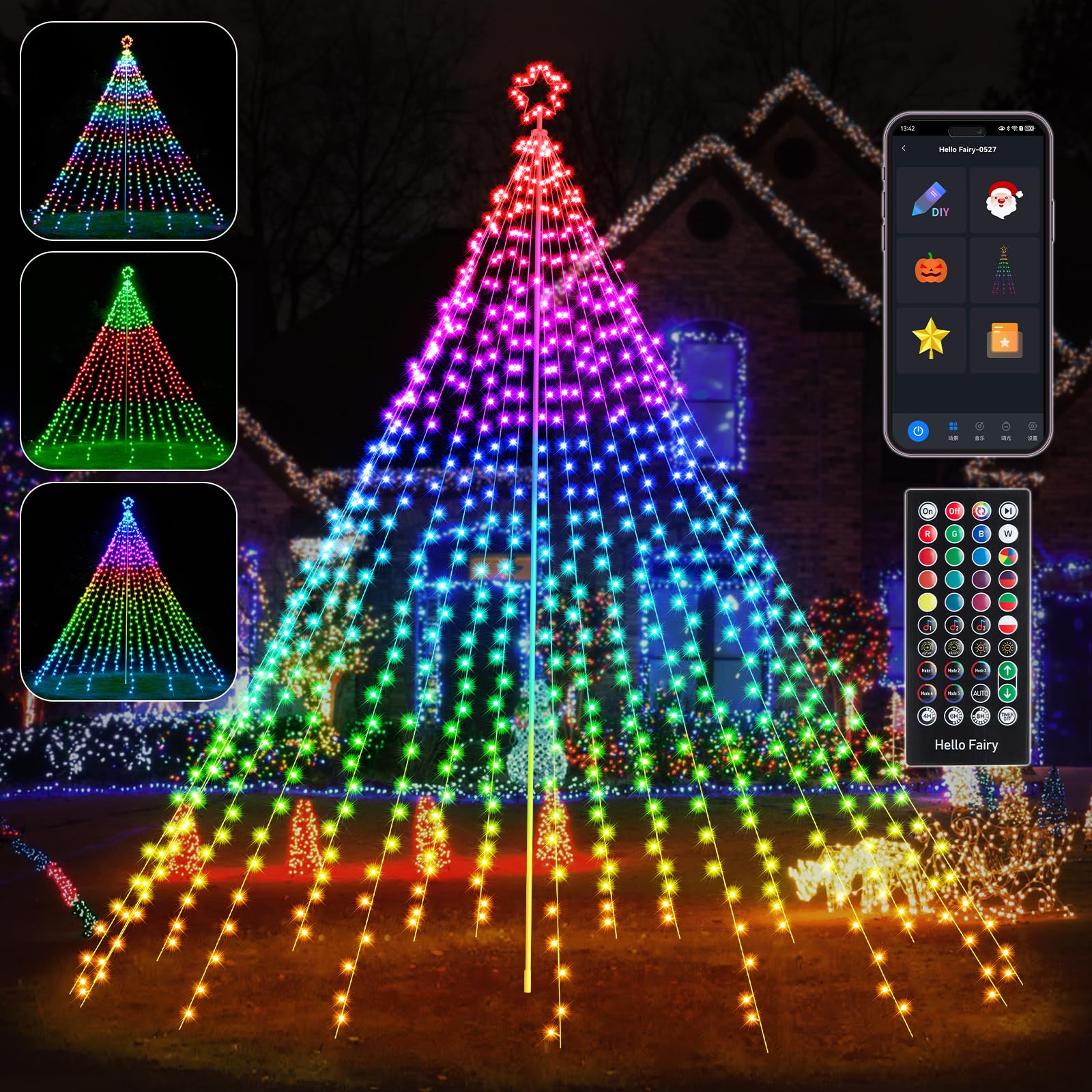 Photo 1 of 13.5FT Smart Christmas Tree Lights LED, Remote & App Control IP67 Waterproof Multiple Scene Modes Waterfall Lights with Pole, Sync Music Modes Christmas Decorations for Outdoor Xmas Party Wedding