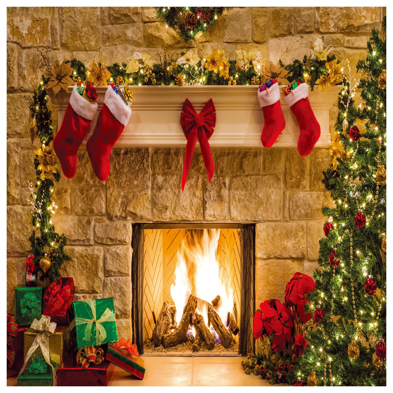 AIIKES 8x8FT Merry Christmas Backdrop Tree Sock Gift Family Party Decorations Backdrops Happy New Year Xmas Fireplace Theme Photography Background Pictures Banner Studio Decor Booth Props 11-209