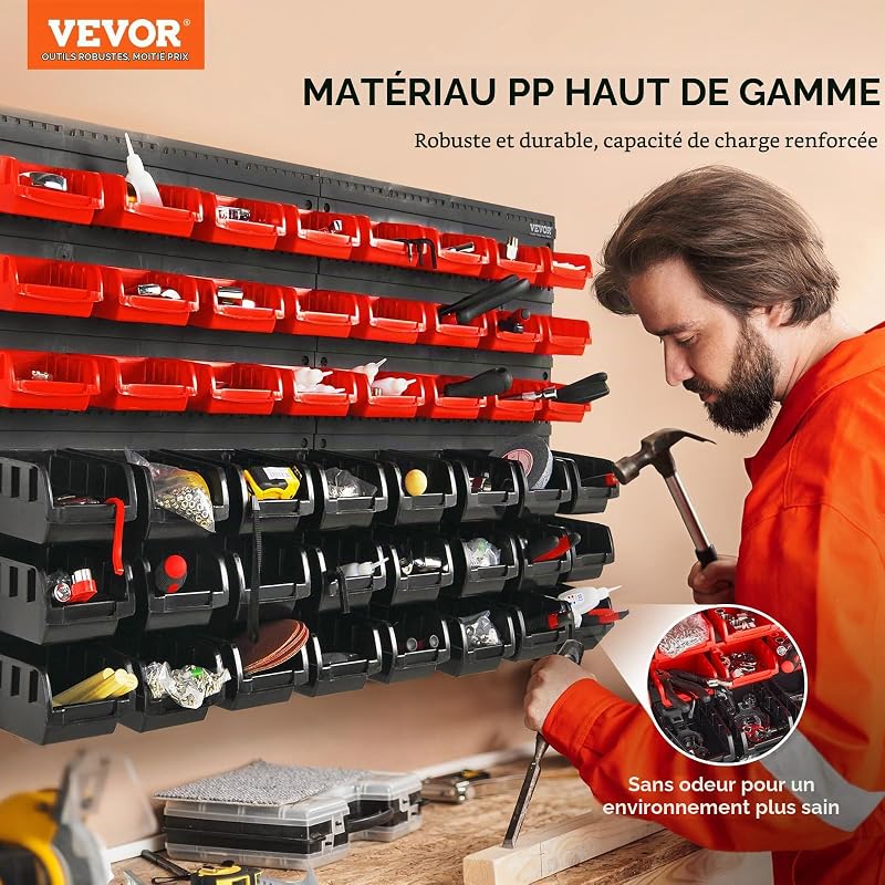 Étagère Bac à Bec Plastique, 48 Boites Rangement Empilables Atelier Garage avec Panneaux Muraux, Organisateur Outils pour Écrous, Boulons, Vis, Clous, Perles, Boutons, Petites Pièces, Noir/Rouge