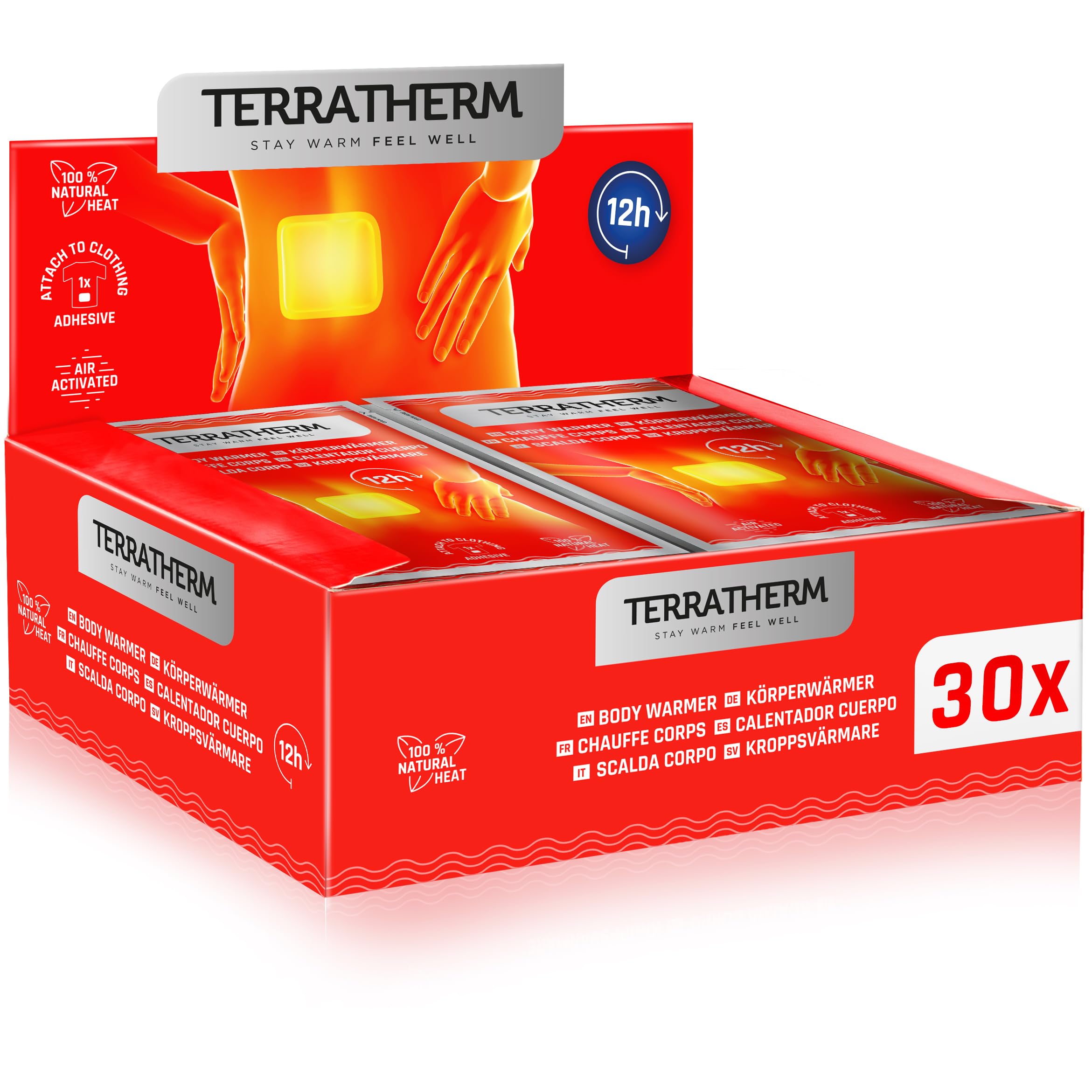 Terratherm Heat Pads Back, Neck and Shoulders – 12h Soothing deep Heat Patches, Bodywarmer – self Adhesive and air Activated Patch – 30 Pieces