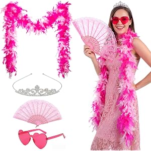 Rivvlive 4 Pcs Feather Boas Princess Costume Accessories for Women, Heart Sunglasses, Crown, Lace Fan for Wedding Tea