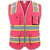 Rhino Hit Reflective Safety Vest for Men Women, High Visibility Safety Vest with 8 Pockets Zipper Front, Meets ANSI Standards