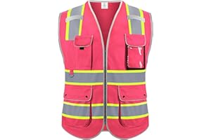 Rhino Hit Reflective Safety Vest for Men Women, High Visibility Safety Vest with 8 Pockets Zipper Front, Meets ANSI Standards