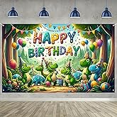 Blissyard happy birthday dinosaur banner Jungle Dinosaur Birthday Banner - 71 x 43 Inch Green Party Theme with Colorful Balloons - Outdoor Scene Party Decoration dino birthday decorations