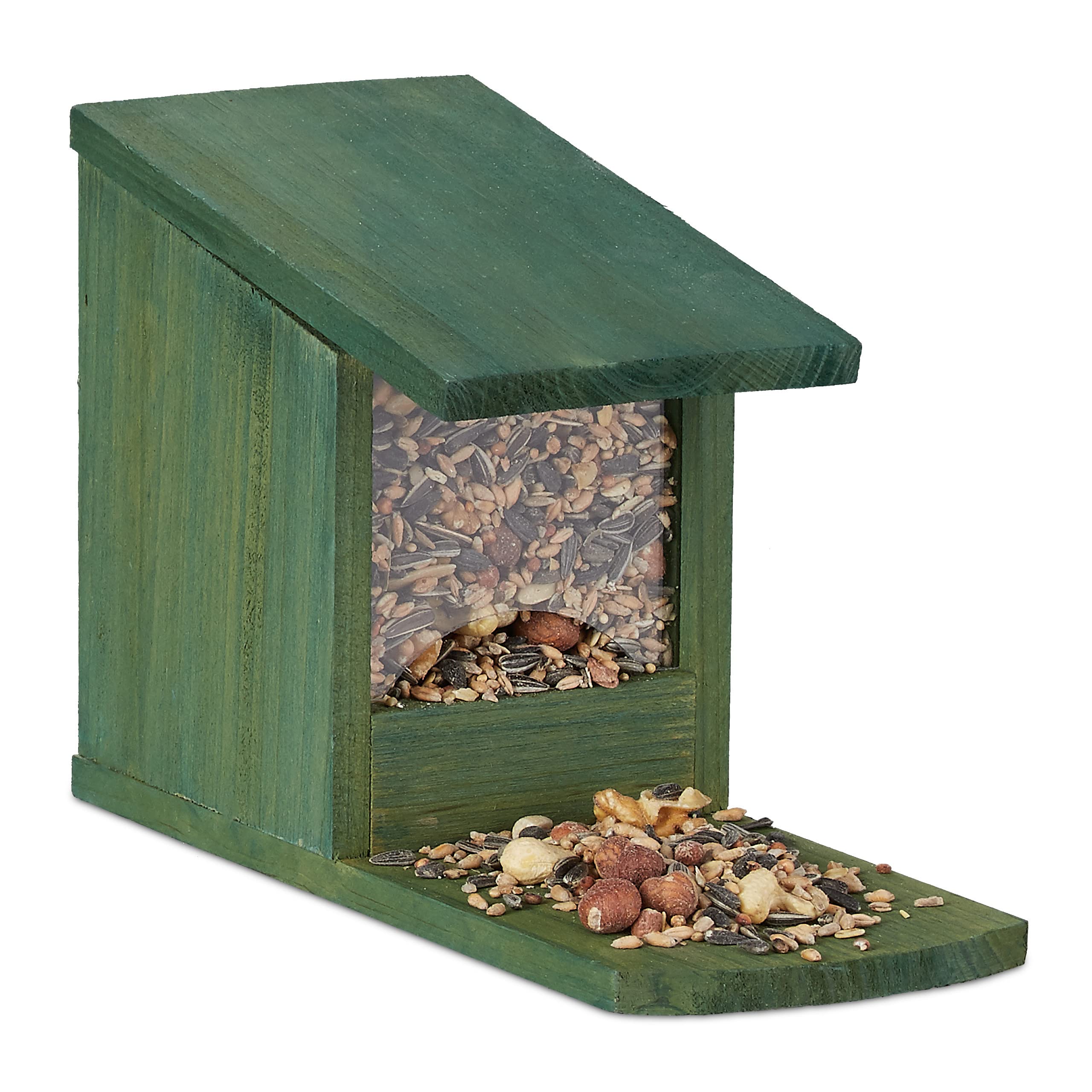 Relaxdays Squirrel Feeder House, Feeding Station Box, Standing, Wooden, HWD: 17.5 x 12 x 25 cm, Dark Green