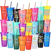 Skylety 24 Pcs Employee Appreciation Thank You Gift Bulk 24 oz Tumbler Cup Inspirational Tumbler with Lid Straw Reusable Plastic Cup Thank You Gift for Staff Coworker Volunteer Social Work Teacher