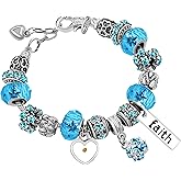 Silver Tone Women's Crystal Murano Glass Beads Snake Chain Bracelet with Faith Mustard Seed Charm