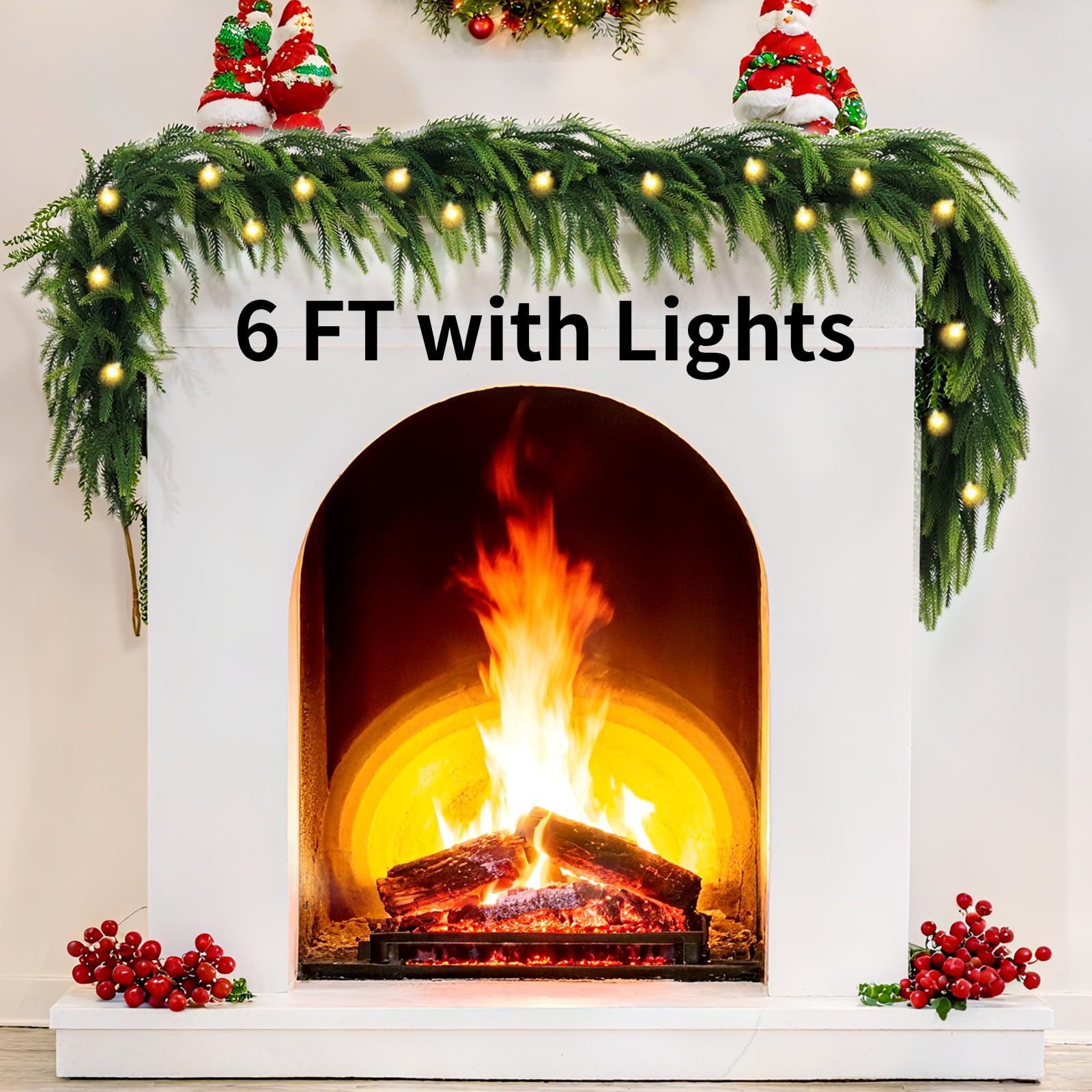 View 1 of 1 PCS Christmas Norfolk Pine Garland, 6FT Real Touch Cedar Garland with Lights Dense for Mantle Stairs Table Decor(Dark Green)