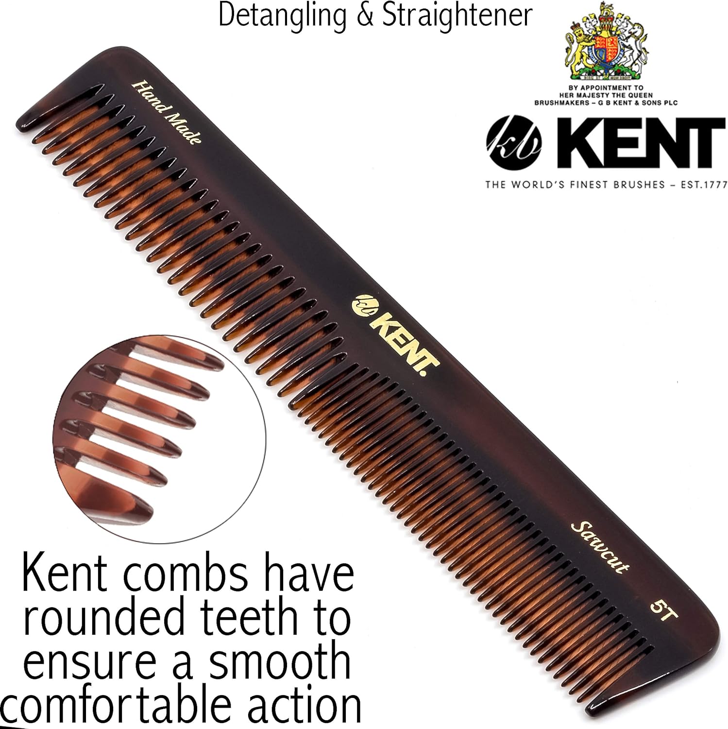 Kent Brushes Handmade Comb A 5T Medium Size Coarse and Fine Comb for Women, Brown - Image 5