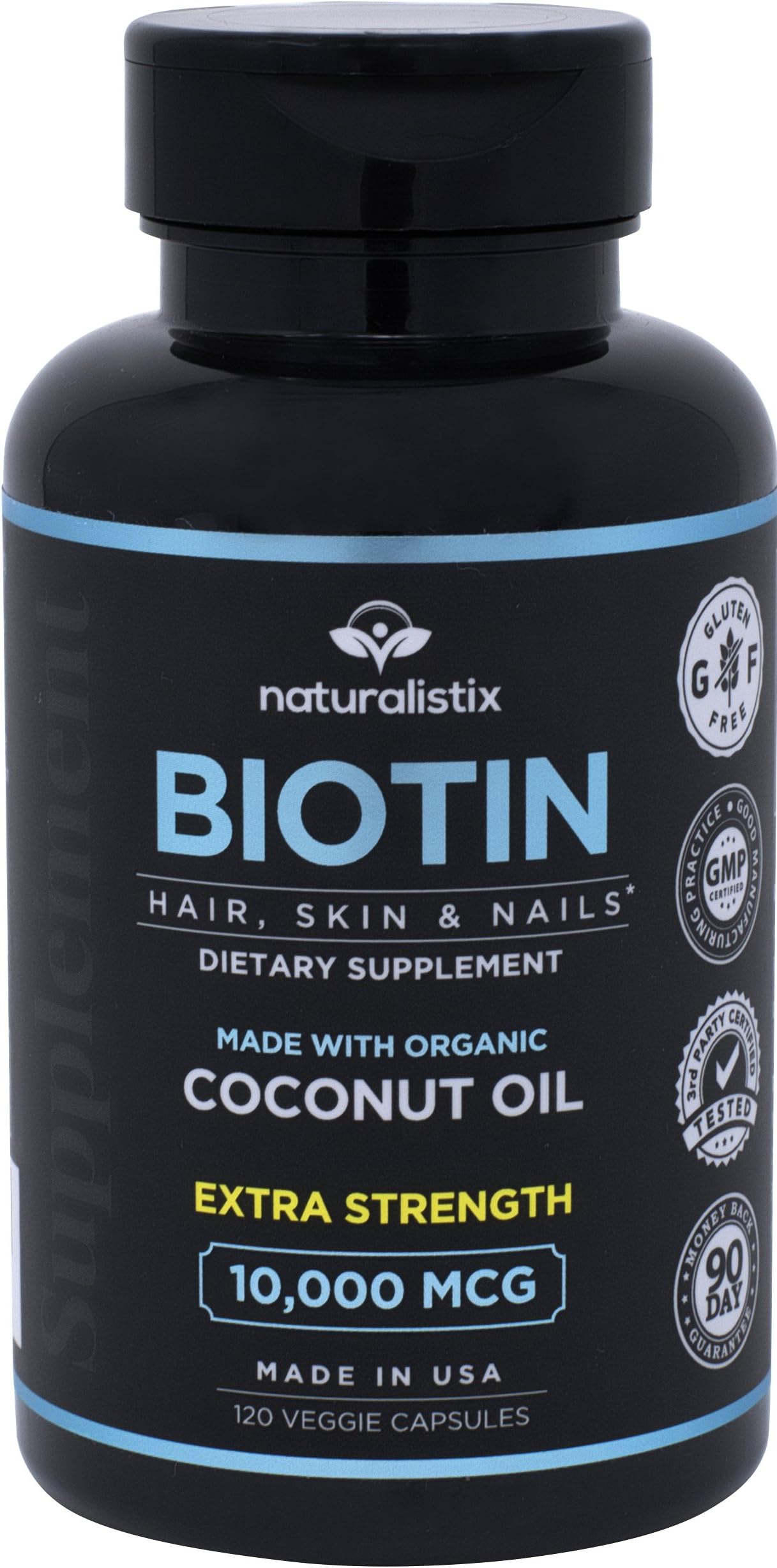 Naturalistix Biotin 10000mcg Liquid Vegan Capsules For Hair, Skin, Nails (Maximum Strength). Promotes Hair Growth, Healthy Skin, Strong Nails & Reduces Hair Loss; 120 Soft Capsules; Made In USA